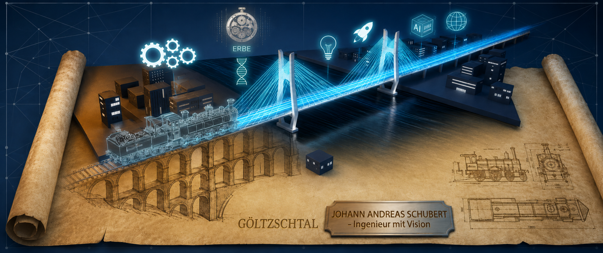 Grafische Darstellung der Vision von Johann Andreas Schubert: Eine leuchtende moderne Brücke verbindet das historische Göltzschtalviadukt mit einer digitalen Stadt der Zukunft, inkl. Symbolen für KI, Innovation und Erbe.